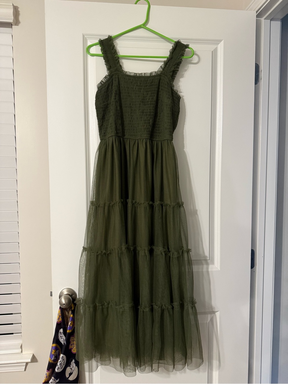 Olive Green Tiered Tulle Maxi Dress with Ruffle Straps